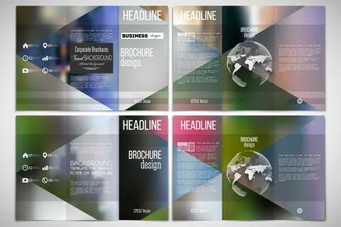 Set of tri-fold brochure design template on both sides with world globe element Stock Illustration