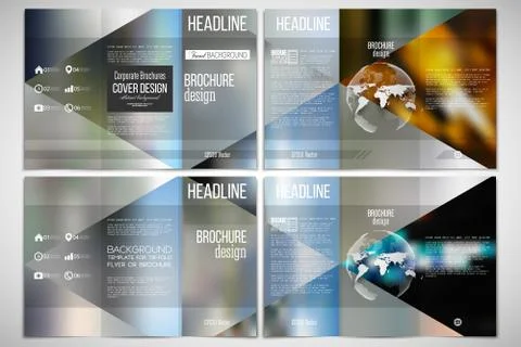 Set of tri-fold brochure design template on both sides with world globe element Illustrazione stock