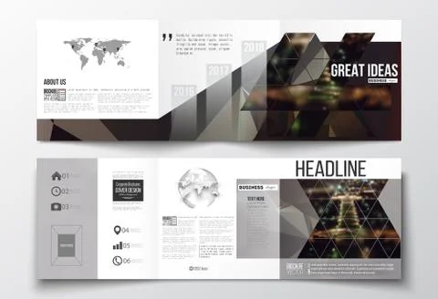 Set of tri-fold brochures, square design templates. Dark polygonal background Ilustración de archivo