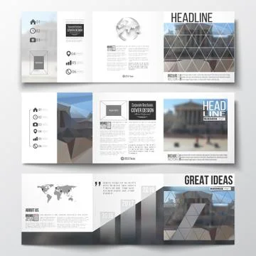 Set of tri-fold brochures, square design templates. Polygonal background Stock Illustration