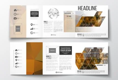 Set of tri-fold brochures, square design templates. Polygonal background イラスト素材