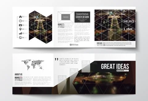 Set of tri-fold brochures, square design templates. Dark polygonal background Stock Illustration