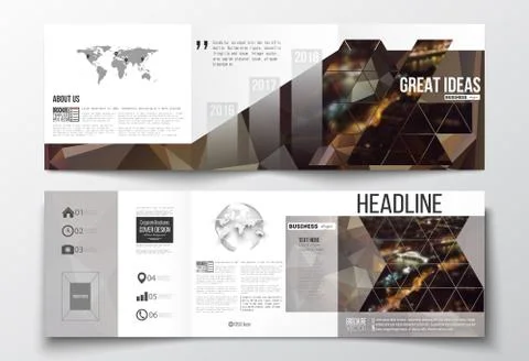 Set of tri-fold brochures, square design templates. Dark polygonal background 스톡 일러스트