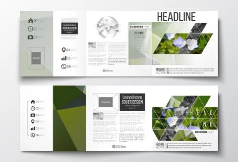 Set of tri-fold brochures, square design templates. Polygonal floral background イラスト素材