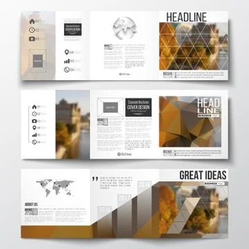 Set of tri-fold brochures, square design templates. Polygonal background 스톡 일러스트