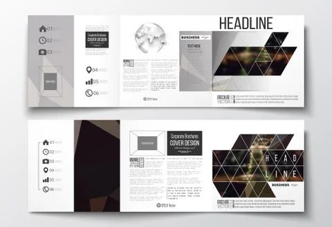 Set of tri-fold brochures, square design templates. Dark polygonal background 스톡 일러스트