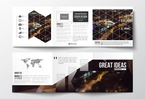 Set of tri-fold brochures, square design templates. Dark polygonal background Ilustración de archivo