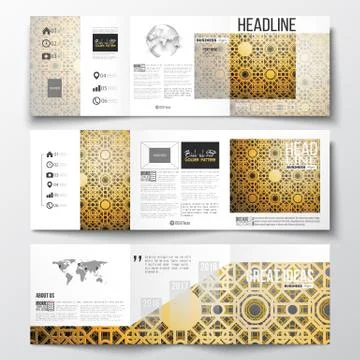Set of tri-fold brochures, square design templates. Islamic golden vector Illustration