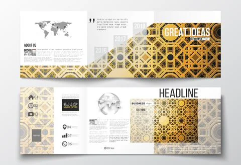 Set of tri-fold brochures, square design templates. Islamic golden vector Illustration