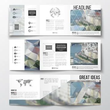Set of tri-fold brochures, square design templates. Polygonal background 스톡 일러스트