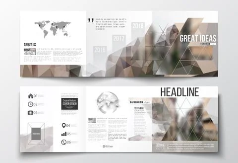 Set of tri-fold brochures, square design templates. Polygonal background イラスト素材