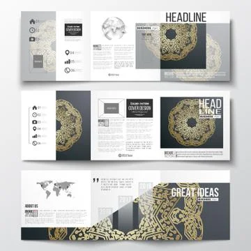 Set of tri-fold brochures, square design templates. Golden microchip pattern on Illustrazione stock