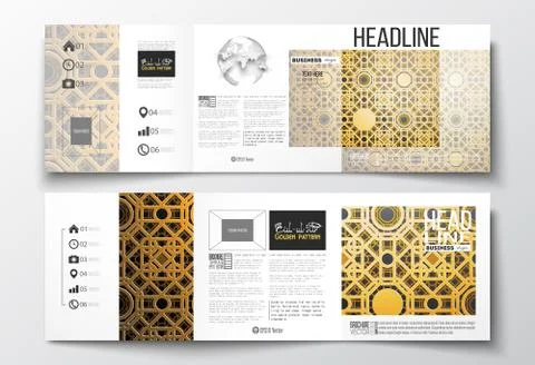 Set of tri-fold brochures, square design templates. Islamic golden vector Stock Illustration