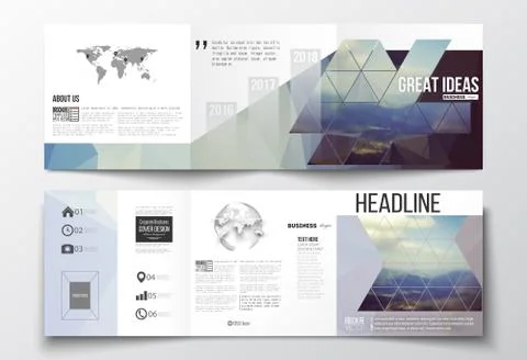 Set of tri-fold brochures, square design templates. Abstract colorful polygonal Stock Illustration