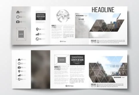 Set of tri-fold brochures, square design templates. Polygonal background Stock Illustration