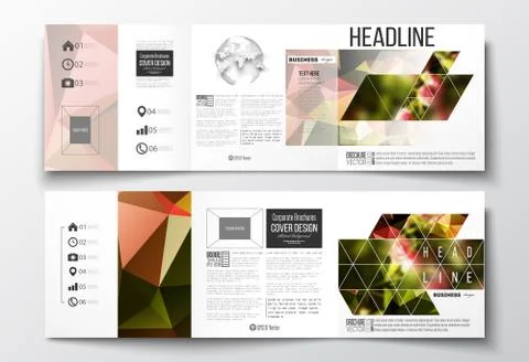 Set of tri-fold brochures, square design templates. Colorful polygonal floral Stock Illustration