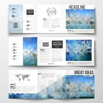 Set of tri-fold brochures, square design templates. Abstract blue polygonal Stock Illustration