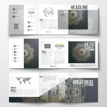 Set of tri-fold brochures, square design templates. Round golden technology イラスト素材