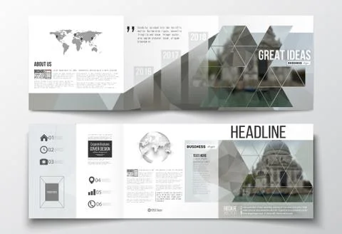 Set of tri-fold brochures, square design templates. Polygonal background Stock Illustration