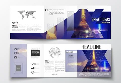 Set of tri-fold brochures, square design templates. Dark polygonal background 스톡 일러스트