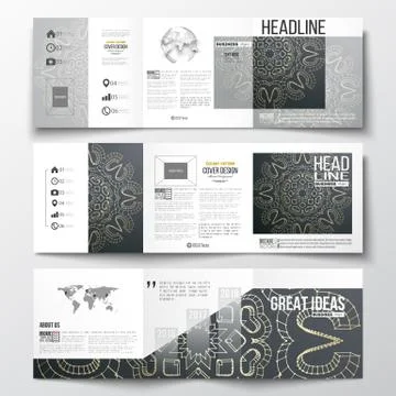 Set of tri-fold brochures, square design templates. Polygonal backdrop with Stock Illustration