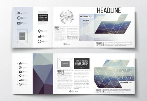 Set of tri-fold brochures, square design templates. Abstract colorful polygonal 스톡 일러스트