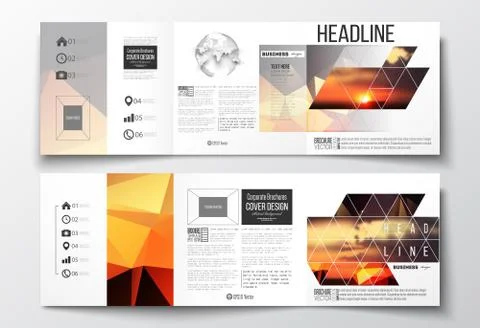 Set of tri-fold brochures, square design templates. Colorful polygonal backdrop 스톡 일러스트