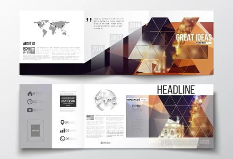 Set of tri-fold brochures, square design templates. Colorful polygonal Stock Illustration