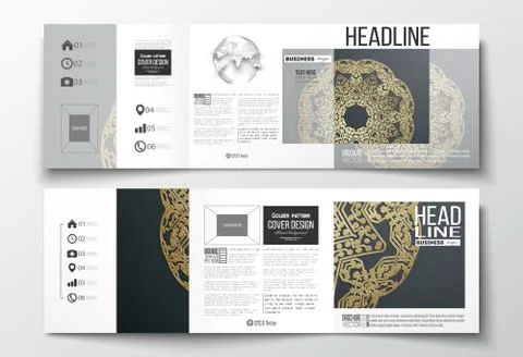 Set of tri-fold brochures, square design templates. Golden microchip pattern on Illustrazione stock