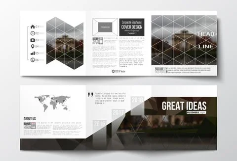 Set of tri-fold brochures, square design templates. Polygonal background 库存插图