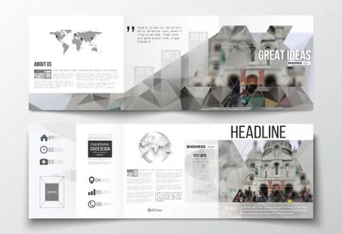 Set of tri-fold brochures, square design templates. Polygonal background 스톡 일러스트