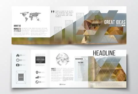 Set of tri-fold brochures, square design templates. Colorful polygonal backdrop Stock Illustration