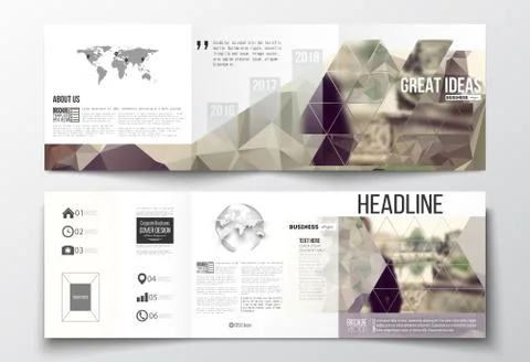 Set of tri-fold brochures, square design templates. Polygonal background 스톡 일러스트