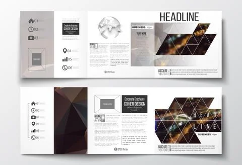 Set of tri-fold brochures, square design templates. Dark polygonal background 스톡 일러스트