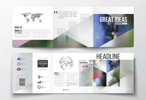 Set of tri-fold brochures, square design templates. Abstract colorful polygonal 스톡 일러스트