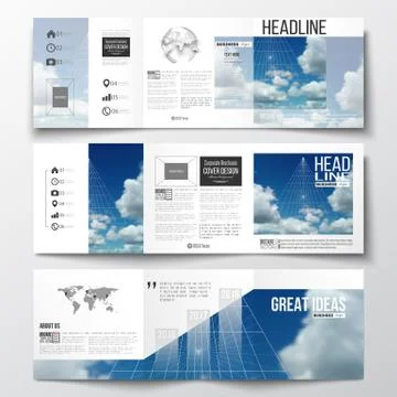 Set of tri-fold brochures, square design templates. Beautiful blue sky, abstract Stock Illustration