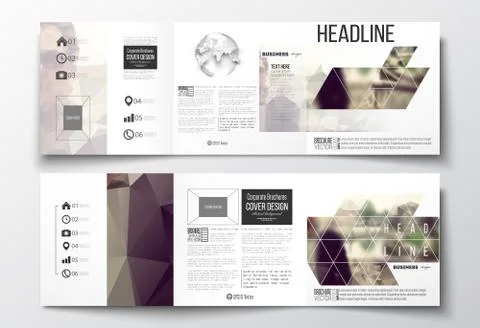Set of tri-fold brochures, square design templates. Polygonal background 스톡 일러스트