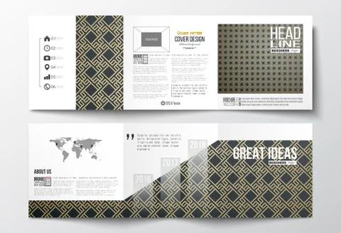 Set of tri-fold brochures, square design templates. Islamic gold pattern with Stock Illustration