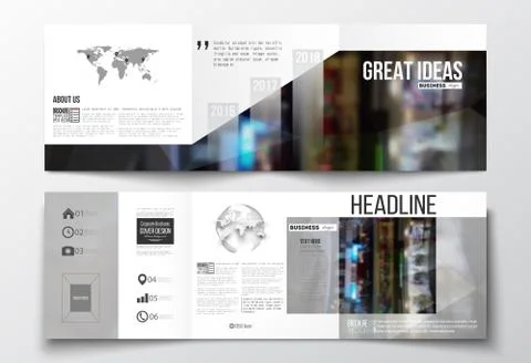 Set of tri-fold brochures, square design templates with world map and globe Stock Illustration