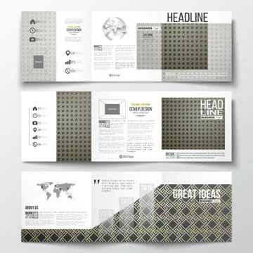 Set of tri-fold brochures, square design templates. Islamic gold pattern with Stock Illustration