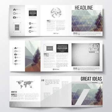 Set of tri-fold brochures, square design templates. Abstract colorful polygonal 스톡 일러스트