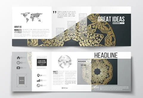 Set of tri-fold brochures, square design templates. Golden microchip pattern on Illustrazione stock