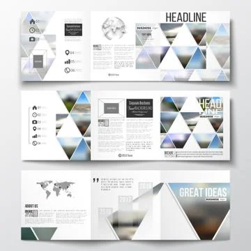 Set of tri-fold brochures, square design templates. Abstract colorful polygonal 스톡 일러스트