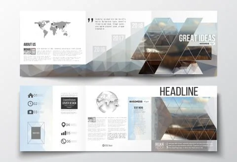 Set of tri-fold brochures, square design templates. Abstract colorful polygonal Stock Illustration