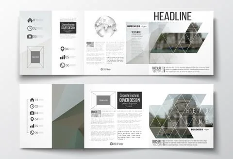 Set of tri-fold brochures, square design templates. Polygonal background Stock Illustration