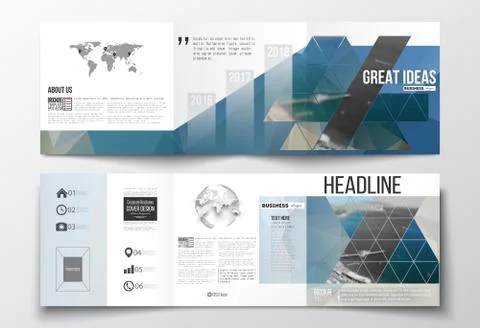 Set of tri-fold brochures, square design templates. Colorful polygonal backdrop Stock Illustration