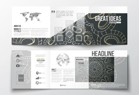 Set of tri-fold brochures, square design templates. Polygonal backdrop with Stock Illustration