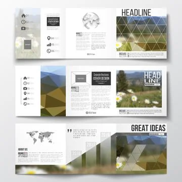 Set of tri-fold brochures, square design templates. Summer landscape. Colorful 스톡 일러스트
