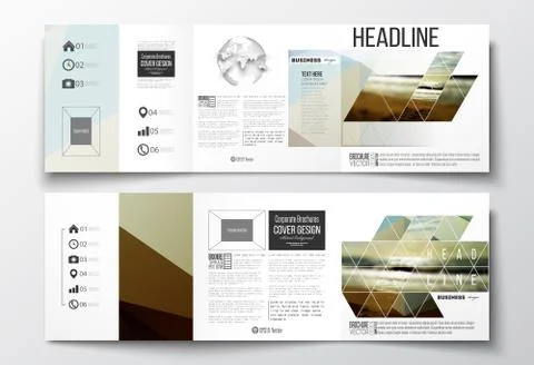 Set of tri-fold brochures, square design templates. Abstract colorful polygonal 스톡 일러스트