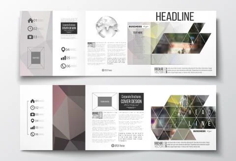 Set of tri-fold brochures, square design templates. Polygonal background Stock Illustration
